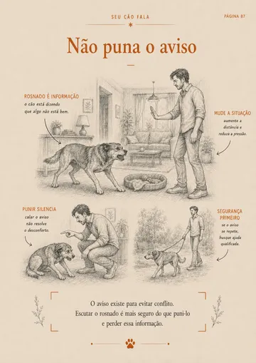 Página do guia explicando por que não se deve punir o rosnado do cão